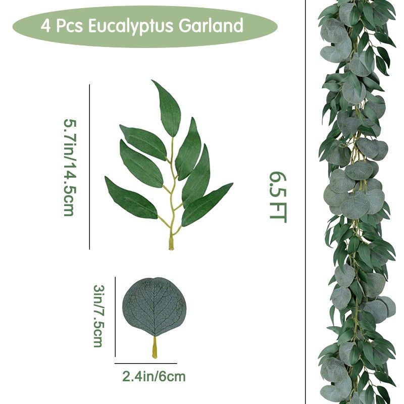 Trimgrace 4 Pack 6.5 Feet Artificial Eucalyptus Garland with Willow Leaves Vine Greenery for Wedding Table Runner Centerpiece Arch Bridal Baby Shower Fireplace Decor - Image 2